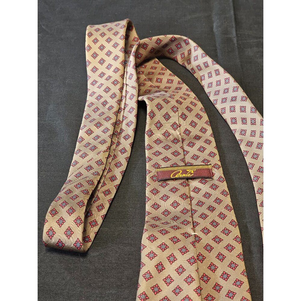 Vintage Arnie Men's Silk Tie With Geometric Pattern In Tan & Red - Picture 2 of 9